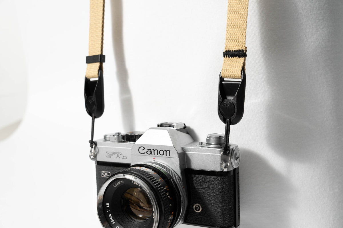 Slim Khaki Cotton Camera Strap, Adjustable 32-54" + Black Peak Design Anchors