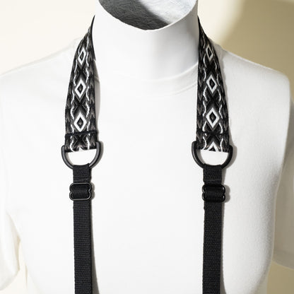 Vintage Style Black & Grey Jacquard Camera Strap, 1.5" Wide, 30-48" + Peak Design Anchors