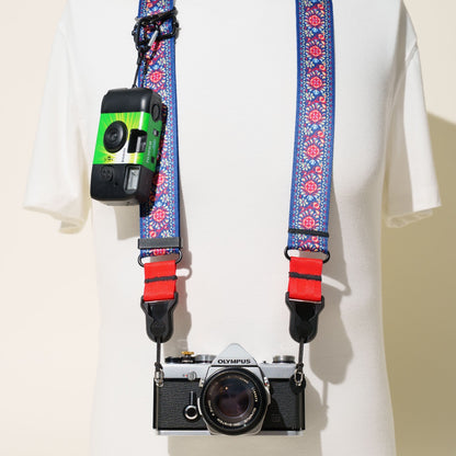 Flower Blue Bohemian Camera Strap 1.5", 26-50", Quick Release or Clasp Mount