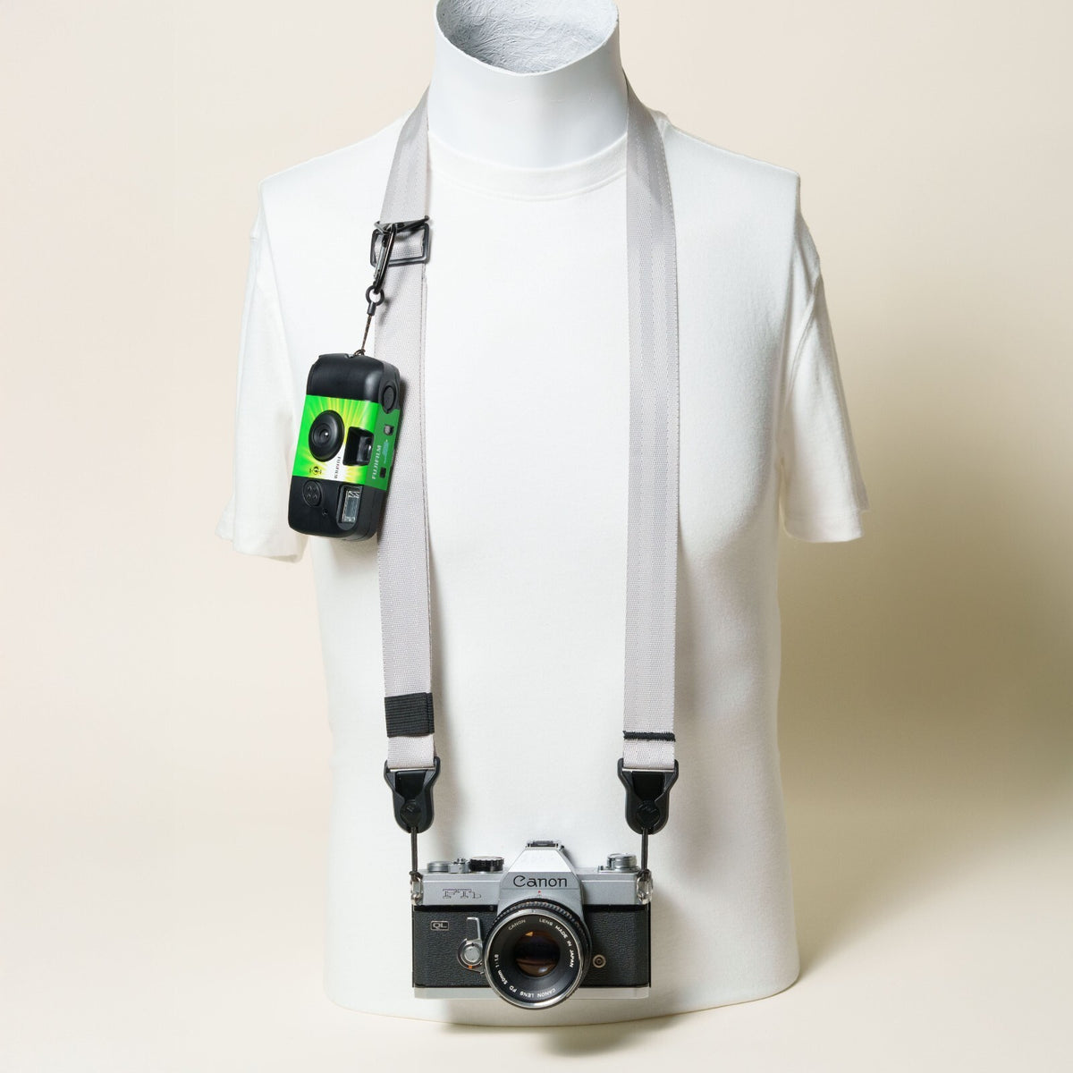 Silver Nylon Camera Strap 1.25", Adjustable 32-56", D-Ring + Peak Design Anchors