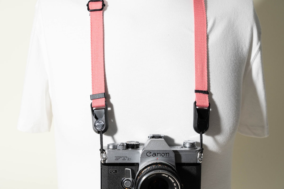 Small Pink Striped Camera Neck Strap, Adjustable 20-35" + Peak Design Anchors
