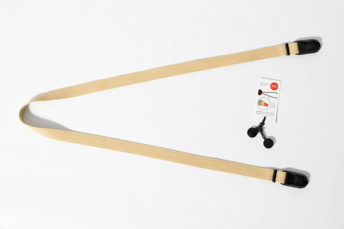Khaki Cotton Canvas Camera Strap, 42" x 3/4" + Black Peak Design Anchors