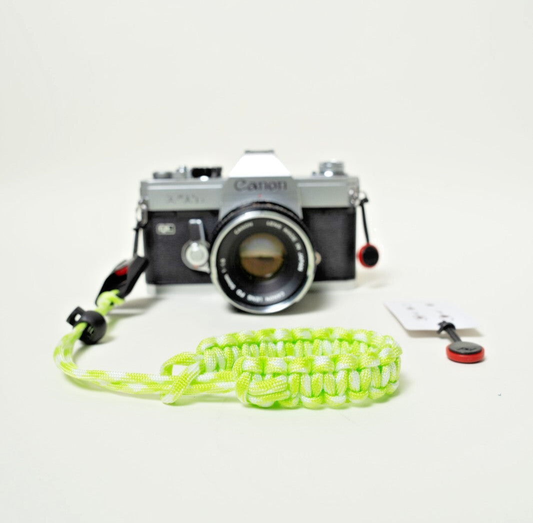 Lime Green & White Paracord Camera Wrist Strap, Adjustable + Peak Design Anchor