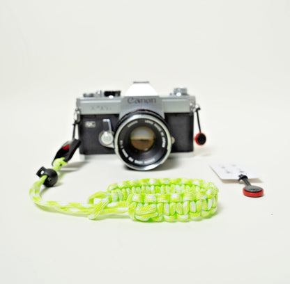 Lime Green & White Paracord Camera Wrist Strap, Adjustable + Peak Design Anchor