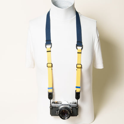Blue & Yellow Dual Adjustable Camera Strap, Tapered 1.25" to 3/4", 32-52"