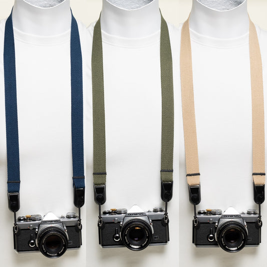 Cotton Camera Neck Strap 40" x 1", Navy Blue, Khaki or Olive Green + Peak Design Anchors