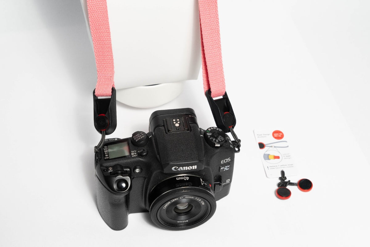 Small Pink Striped Camera Neck Strap, Adjustable 20-35" + Peak Design Anchors