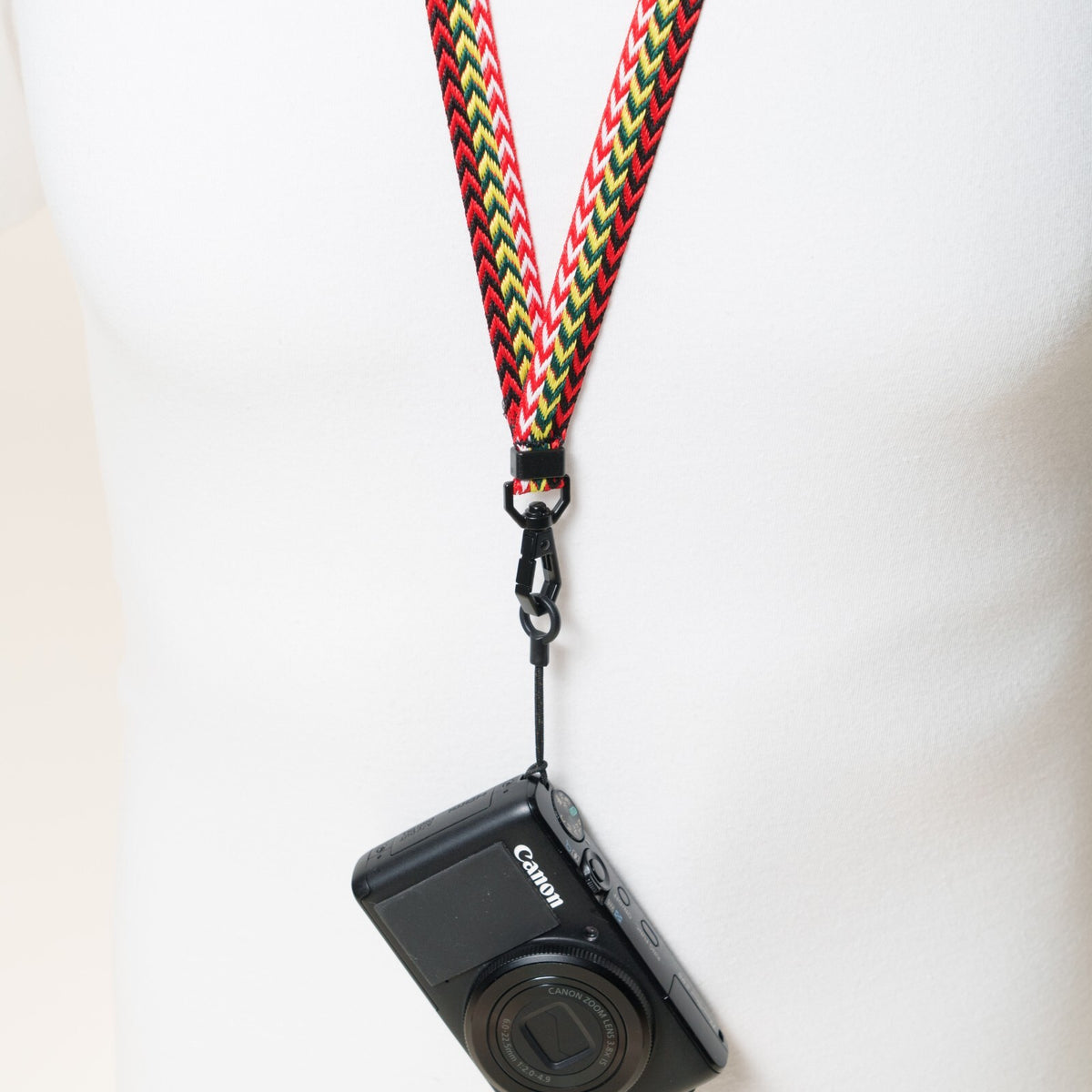 Retro 80s Single Point Camera Lanyard, 34" Red, Green & White Stripes