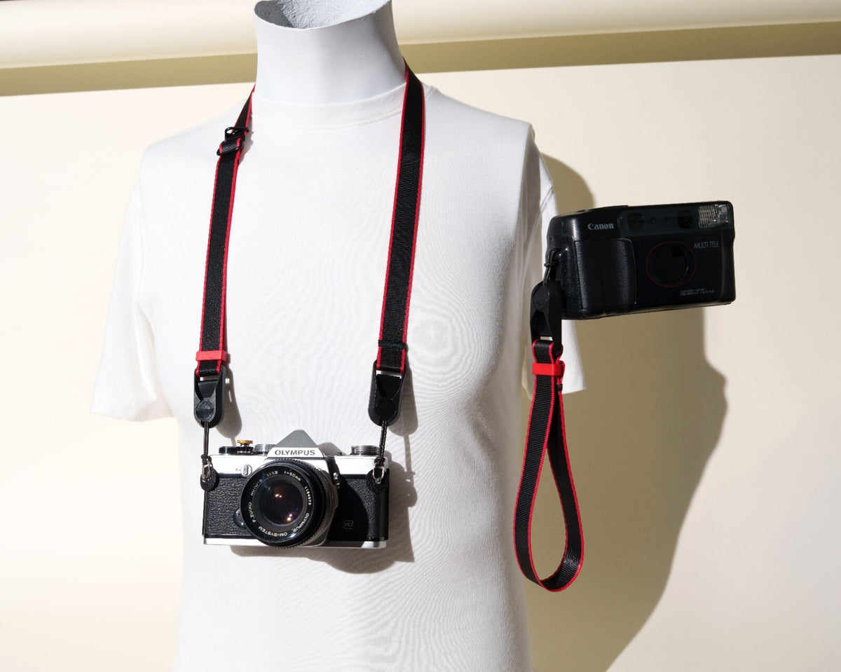 Black & Red Stripe Camera Strap Combo, Neck 22-40" + Wrist Strap