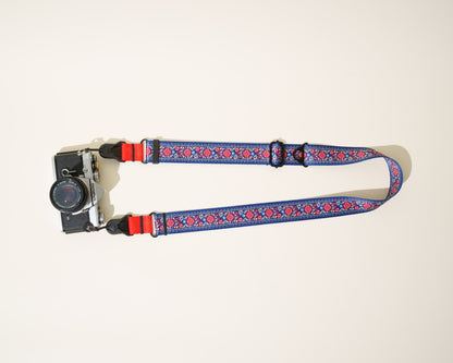 Flower Blue Bohemian Camera Strap 1.5", 26-50", Quick Release or Clasp Mount