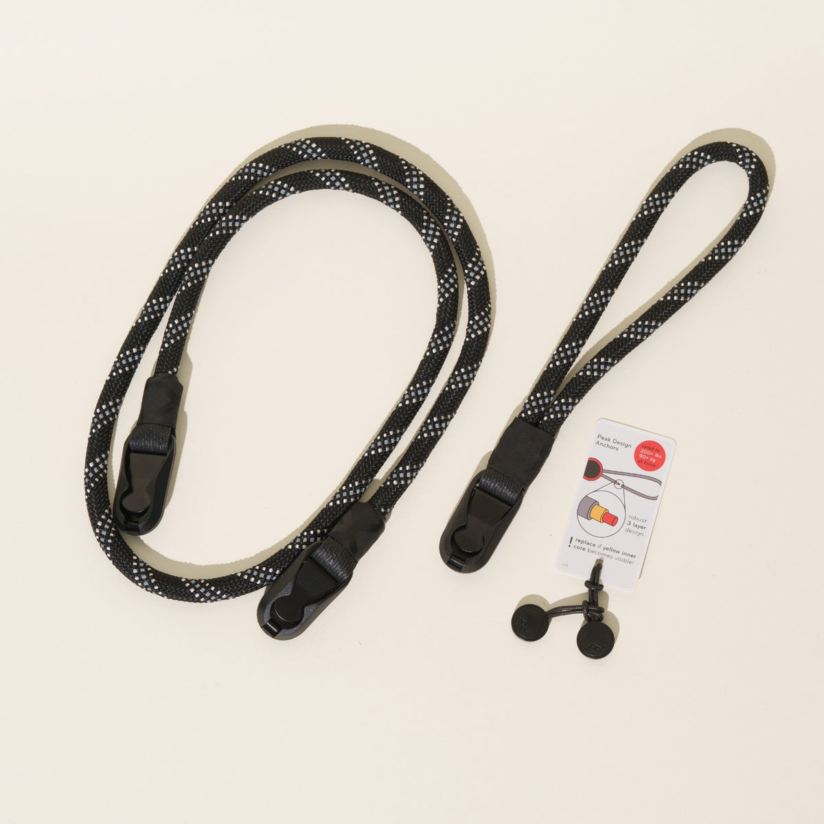 Black Reflective Rope Camera Strap, Neck 40", Wrist or Combo + Peak Design Anchors