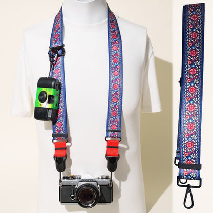Flower Blue Bohemian Camera Strap 1.5", 26-50", Quick Release or Clasp Mount