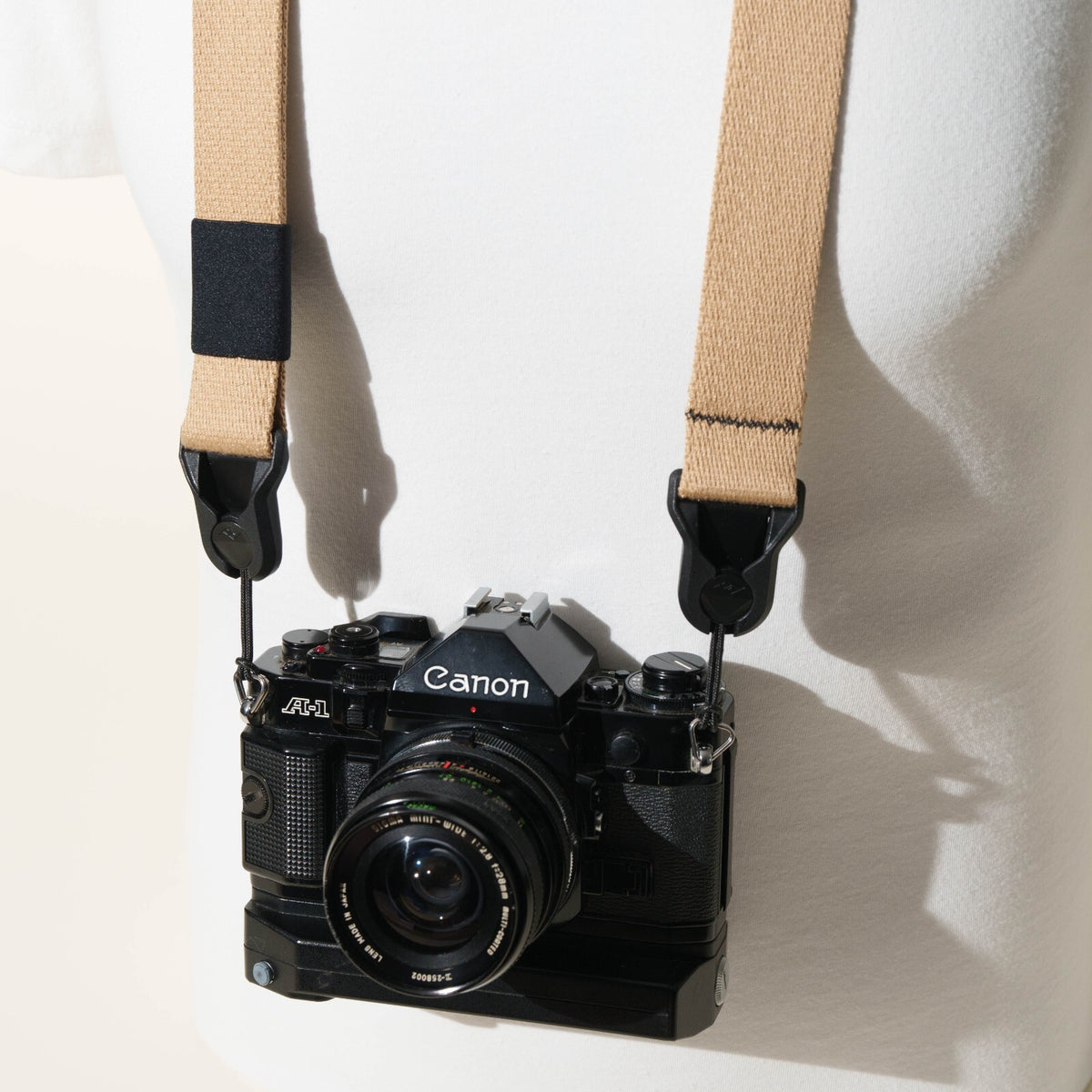 Khaki Tan Heavy Duty Cotton Camera Strap 1.25", Adjustable + Peak Design Anchors