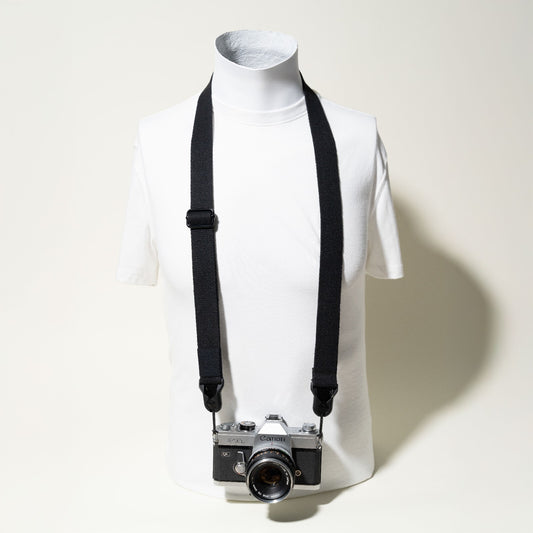 Heavy Duty Black Cotton Camera Strap, 1.25" Wide, Adjustable 30-50" + Peak Design Anchors