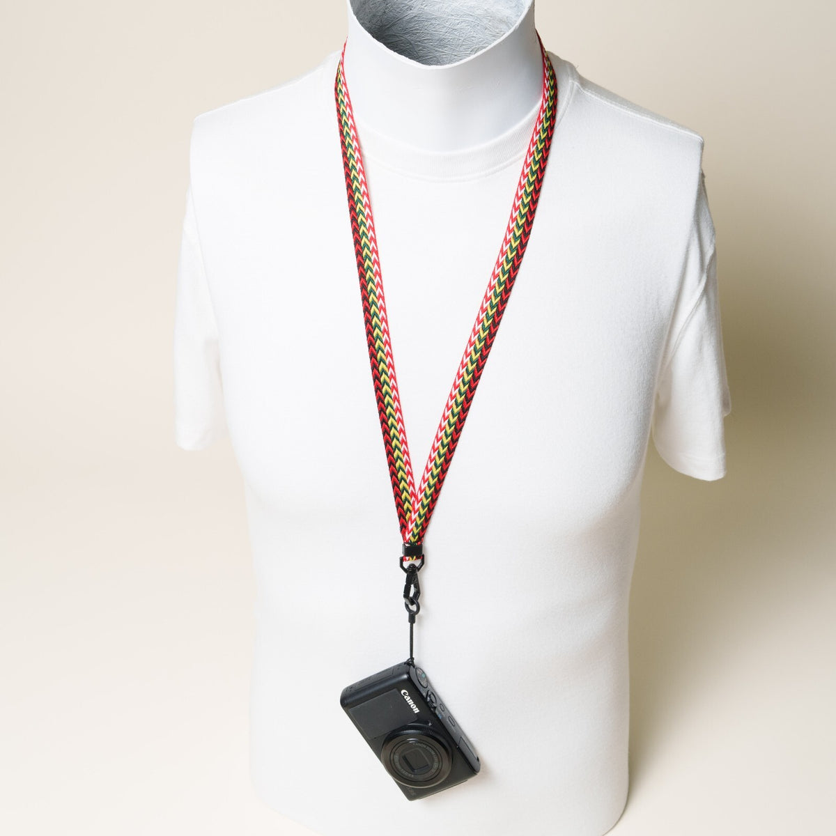Retro 80s Single Point Camera Lanyard, 34" Red, Green & White Stripes