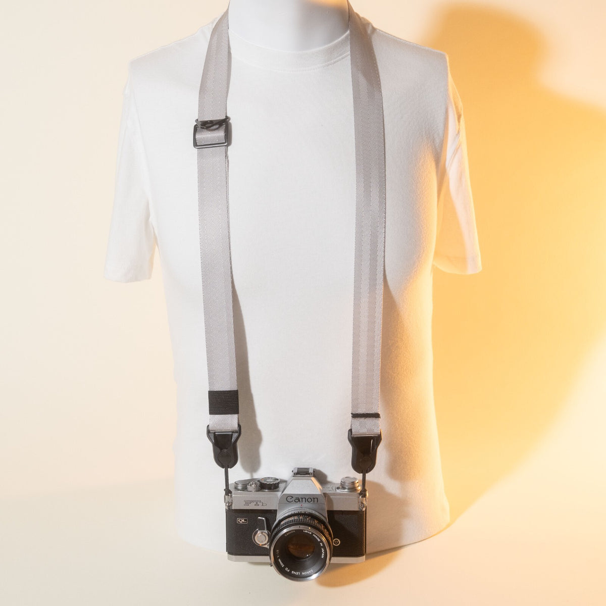 Silver Nylon Camera Strap 1.25", Adjustable 32-56", D-Ring + Peak Design Anchors