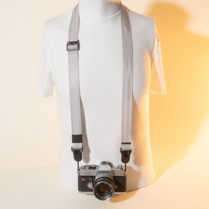 Silver Nylon Camera Strap 1.25", Adjustable 32-56", D-Ring + Peak Design Anchors