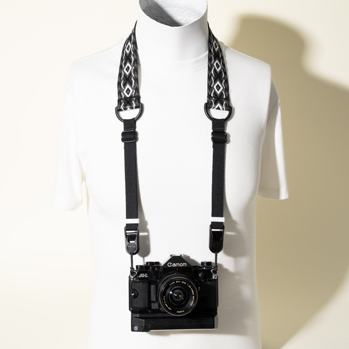 Vintage Style Black & Grey Jacquard Camera Strap, 1.5" Wide, 30-48" + Peak Design Anchors