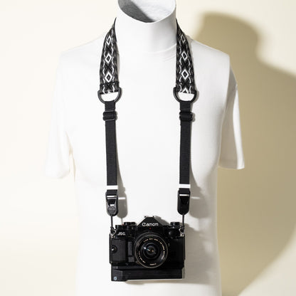 Vintage Style Black & Grey Jacquard Camera Strap, 1.5" Wide, 30-48" + Peak Design Anchors