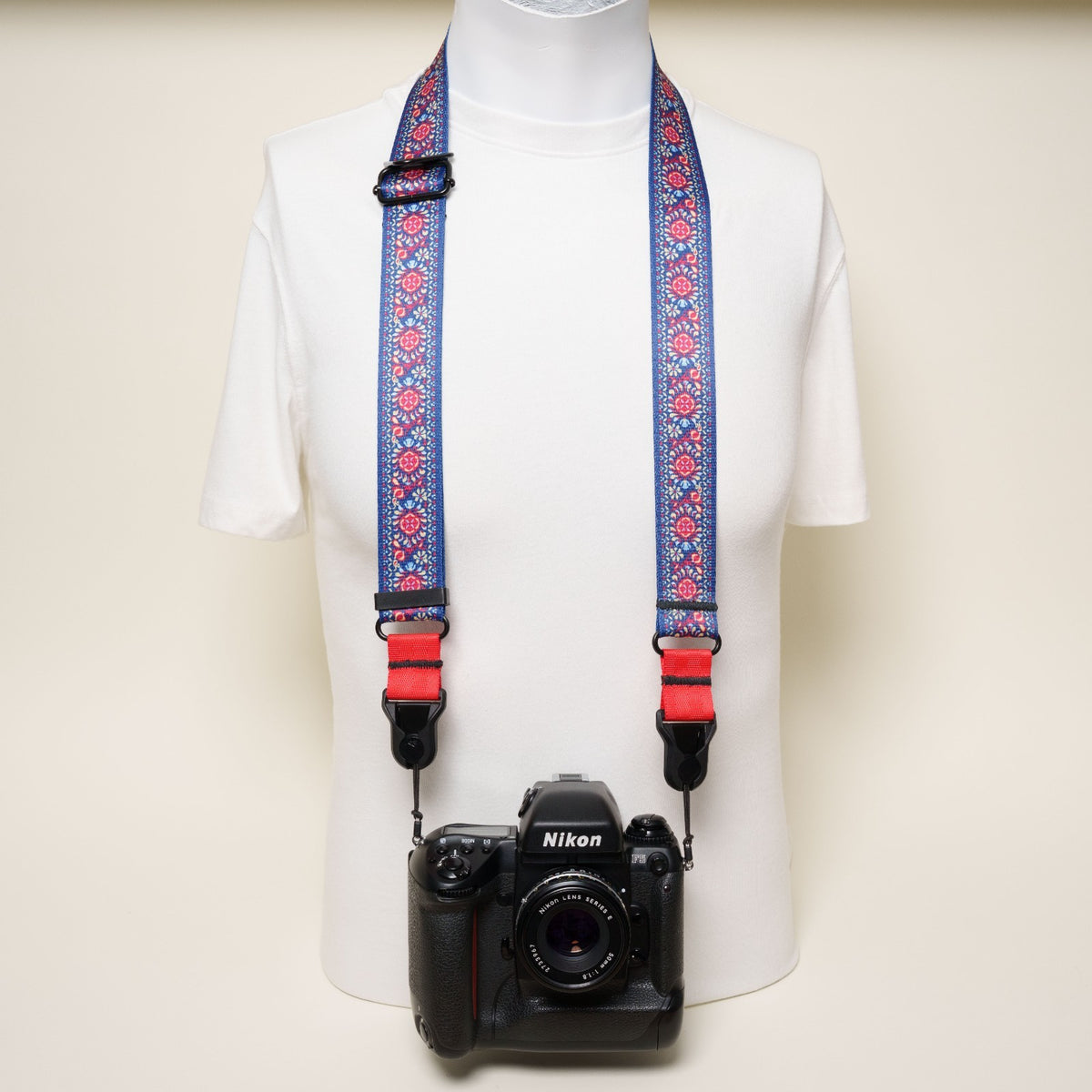 Flower Blue Bohemian Camera Strap 1.5", 26-50", Quick Release or Clasp Mount