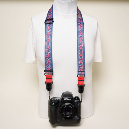Flower Blue Bohemian Camera Strap 1.5", 26-50", Quick Release or Clasp Mount