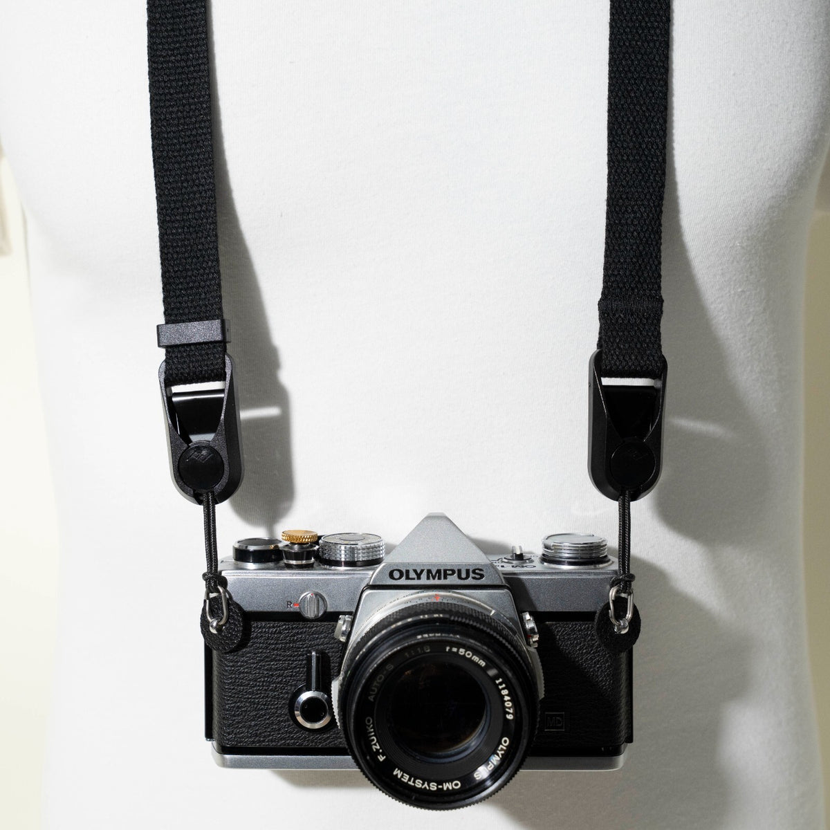 Black Cotton Camera Strap, 3/4" Slim, Adjustable 26-50" + Peak Design Anchors