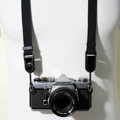 Black Cotton Camera Strap, 3/4" Slim, Adjustable 26-50" + Peak Design Anchors