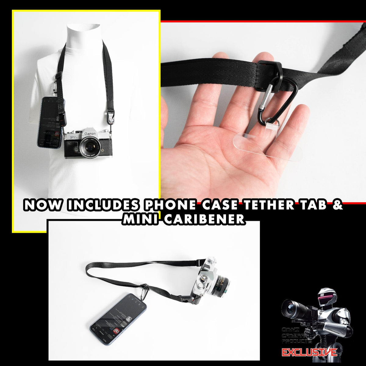 Black Slim Camera Strap Combo, 32-58" Adjustable Neck + 16" Wrist Strap
