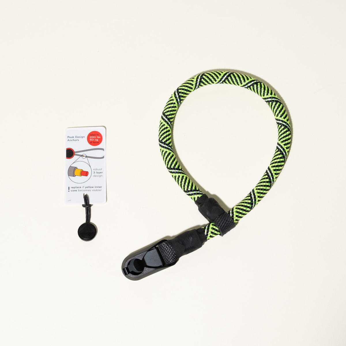 Lime Green & Black Climbing Rope Camera Strap, Neck 40" or Wrist + Peak Design Anchors