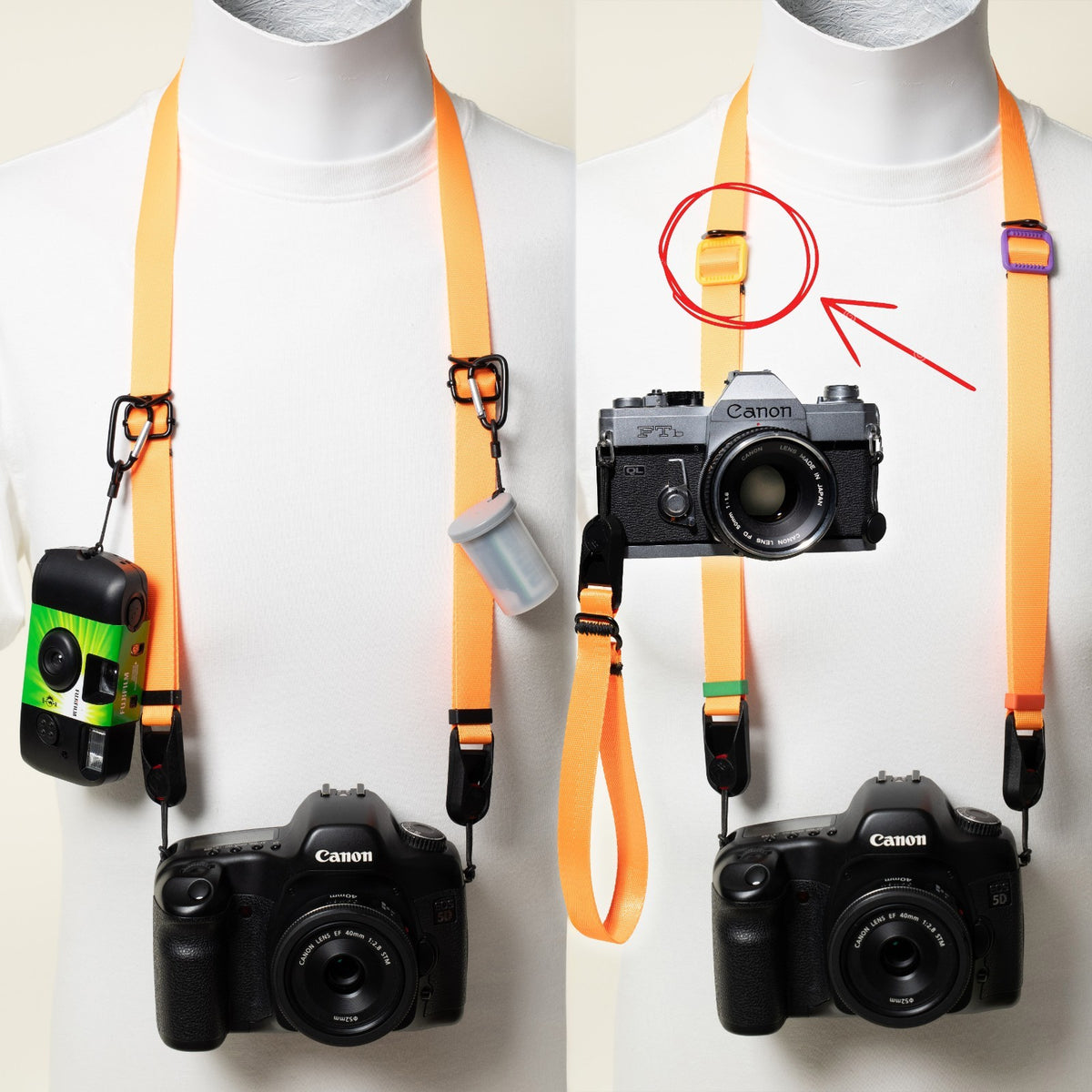 Orange Nylon Camera Strap, Dual Adjustable 26-50" or Wrist + Peak Design Anchors