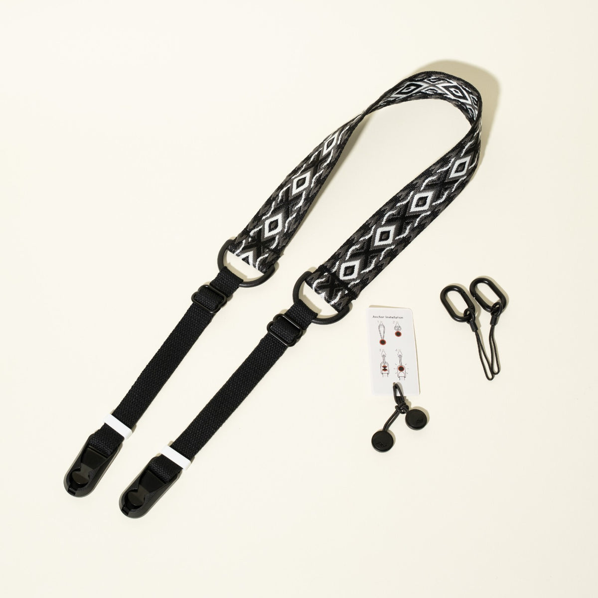 Vintage Style Black & Grey Jacquard Camera Strap, 1.5" Wide, 30-48" + Peak Design Anchors