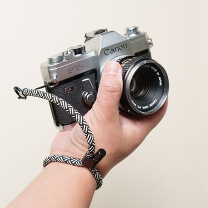 White & Black Y-Pattern Rope Camera Wrist Strap, Quick Release Claw Mount