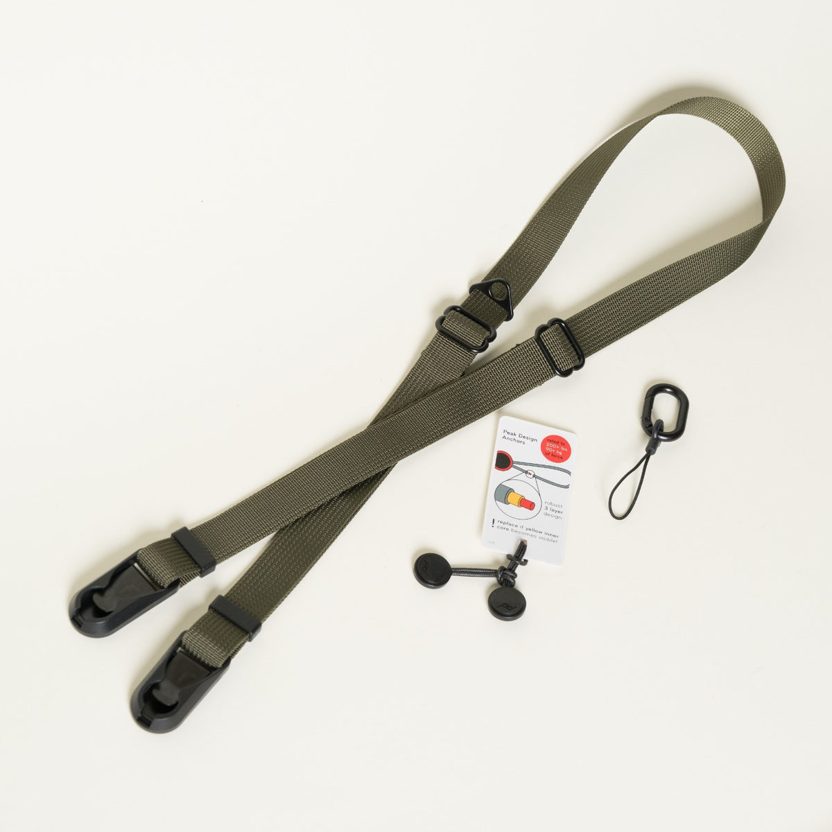 Army Green Dual Adjustable Camera Strap 30-52", Accessory Ring + Peak Design Anchors