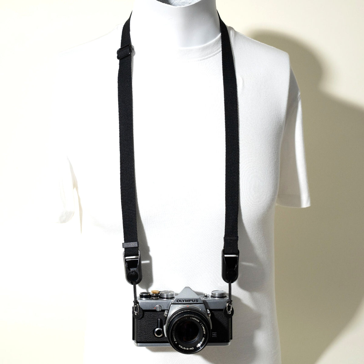 Black Cotton Camera Strap, 3/4" Slim, Adjustable 26-50" + Peak Design Anchors