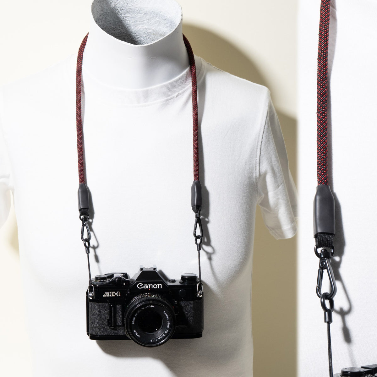Slim Black & Red Camera Neck Strap 28-32", Classic Clasp Mounts