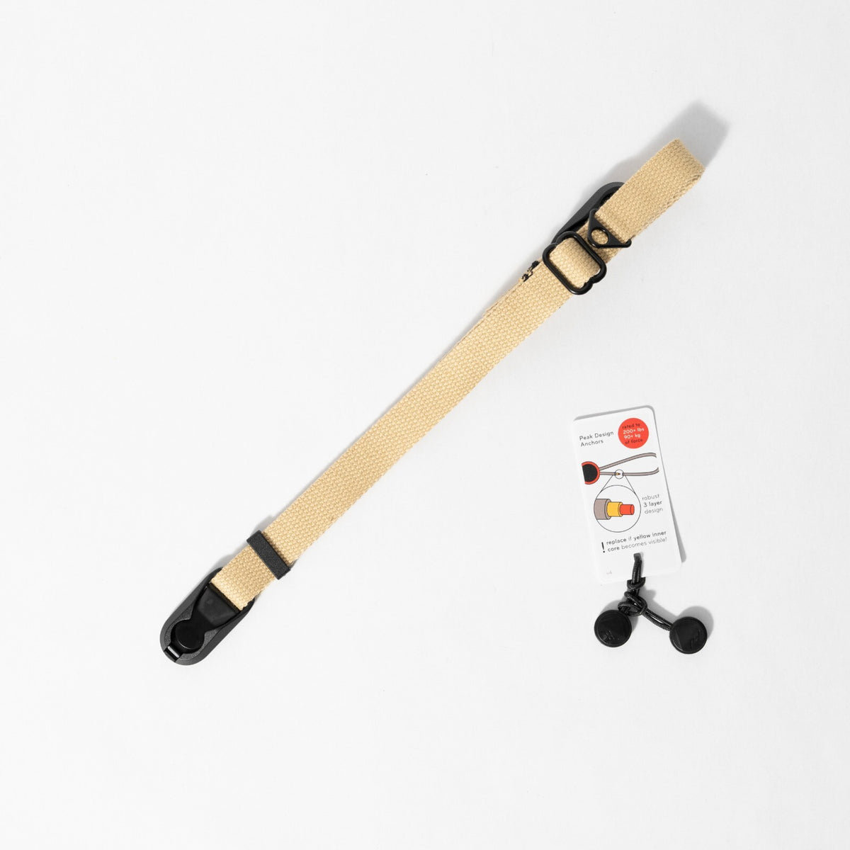 Slim Khaki Cotton Camera Strap, Adjustable 32-54" + Black Peak Design Anchors
