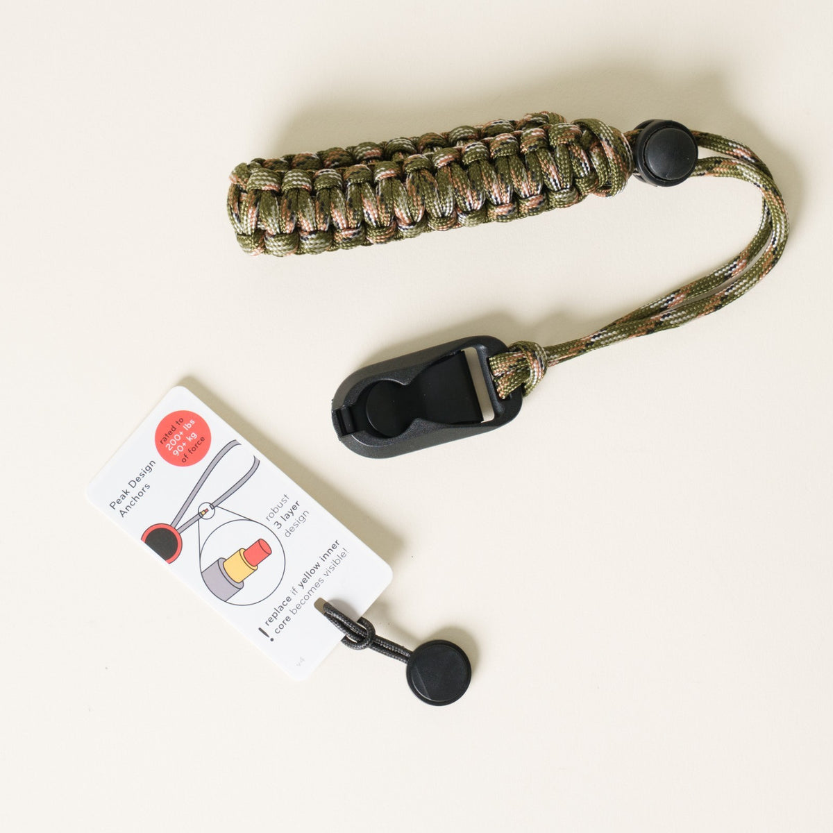 Camo Paracord Camera Wrist Strap, Adjustable, Tan or Green + Peak Design Anchor