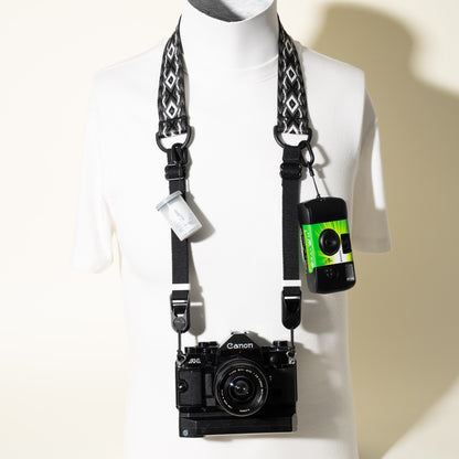 Vintage Style Black & Grey Jacquard Camera Strap, 1.5" Wide, 30-48" + Peak Design Anchors