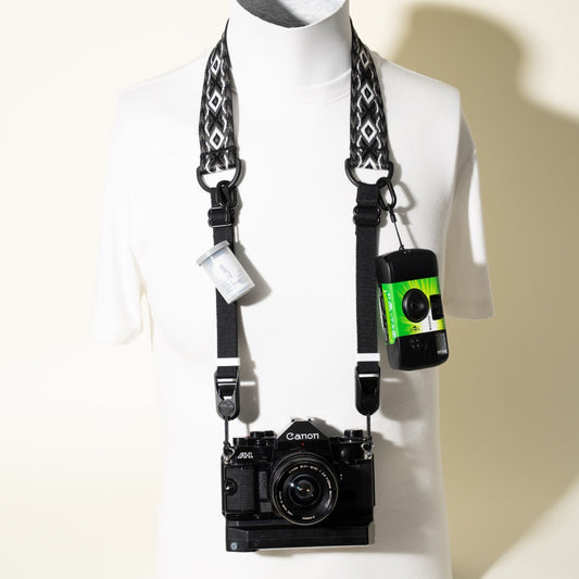 Vintage Style Black & Grey Jacquard Camera Strap, 1.5" Wide, 30-48" + Peak Design Anchors