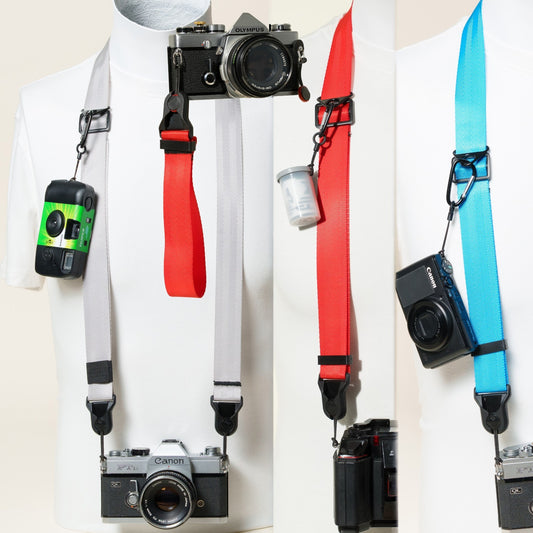 Blue, Red or Silver Nylon Camera Strap, 1.25" Wide 32-50" or Wrist + Peak Design Anchors
