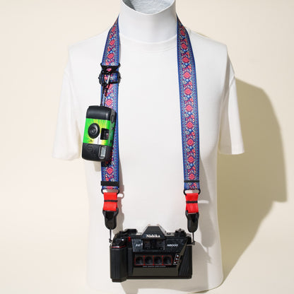Flower Blue Bohemian Camera Strap 1.5", 26-50", Quick Release or Clasp Mount