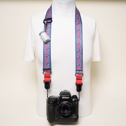 Flower Blue Bohemian Camera Strap 1.5", 26-50", Quick Release or Clasp Mount