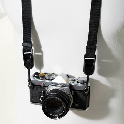 Black Cotton Camera Strap, 3/4" Slim, Adjustable 26-50" + Peak Design Anchors