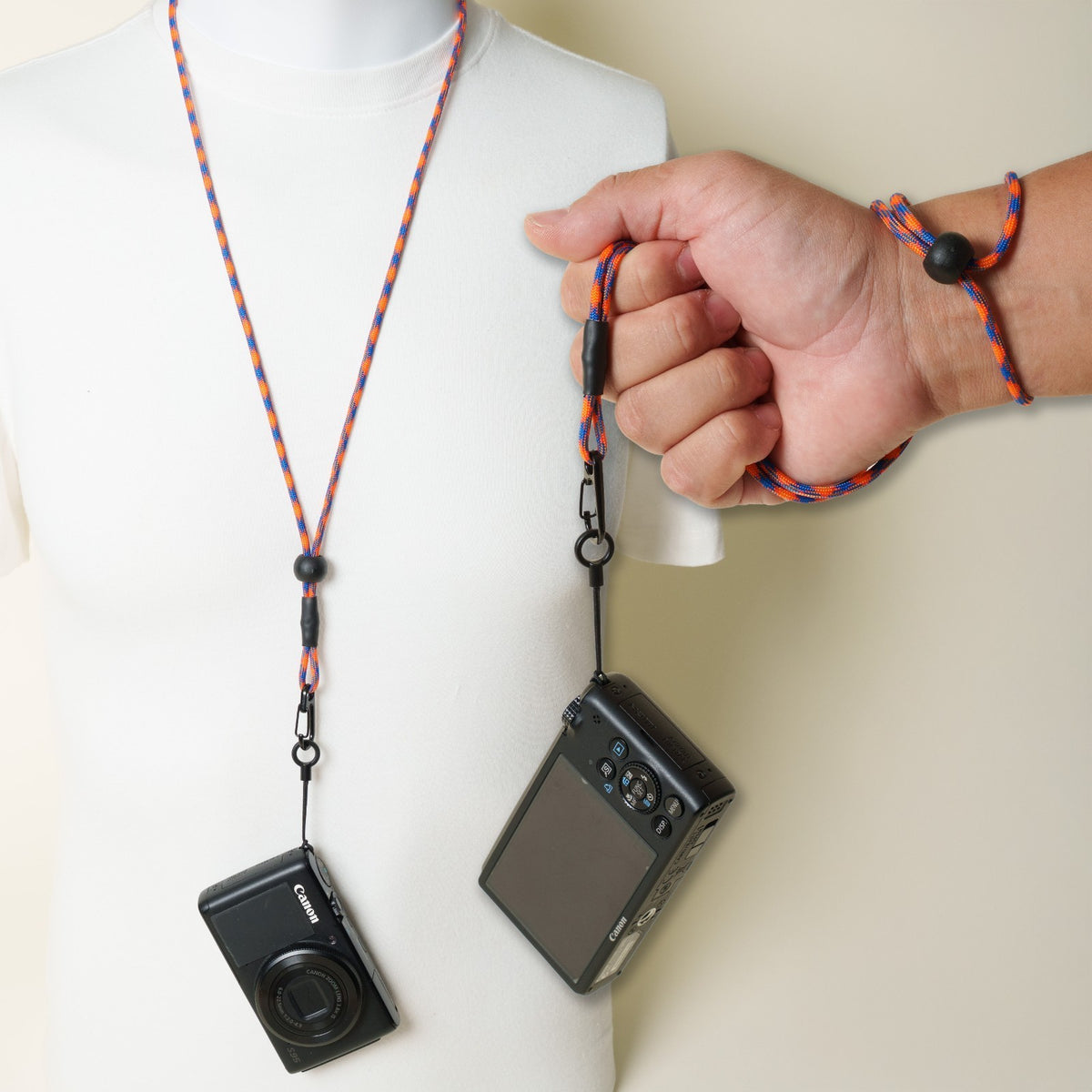 Blue & Orange Paracord Camera Strap, 38" Lanyard or 16" Wrist