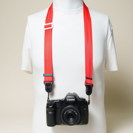 Red Nylon Camera Strap 1.25", Adjustable 32-56", D-Ring + Peak Design Anchors